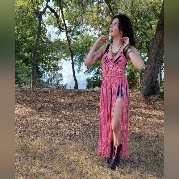 Handmade Macreme Boho Festival Fringe Dress Pink - Picture 5 of 5